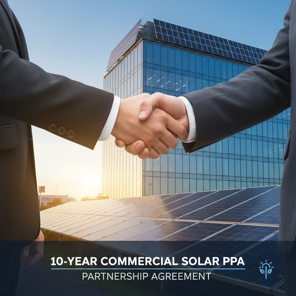 Business professionals shaking hands, symbolizing a 10-year commercial solar PPA agreement.