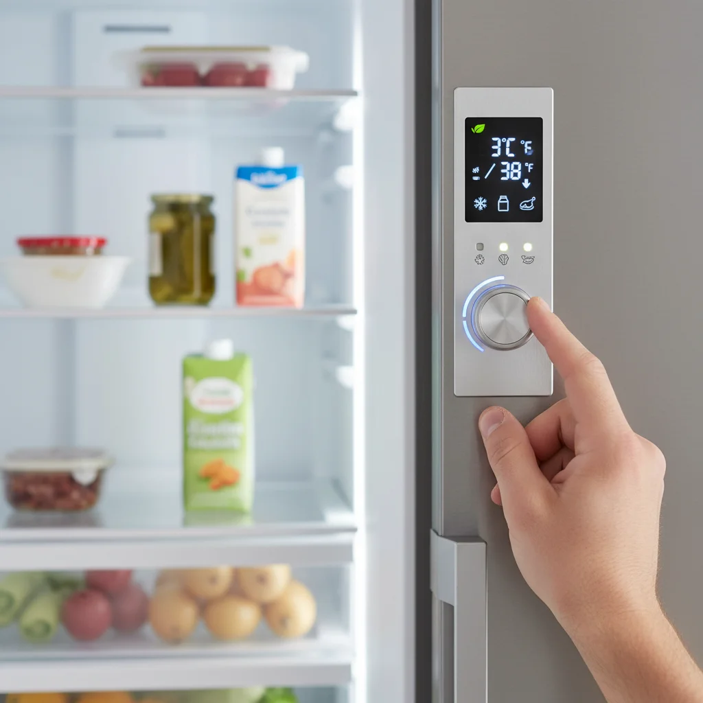 Hand adjusting refrigerator temperature dial for optimal energy use