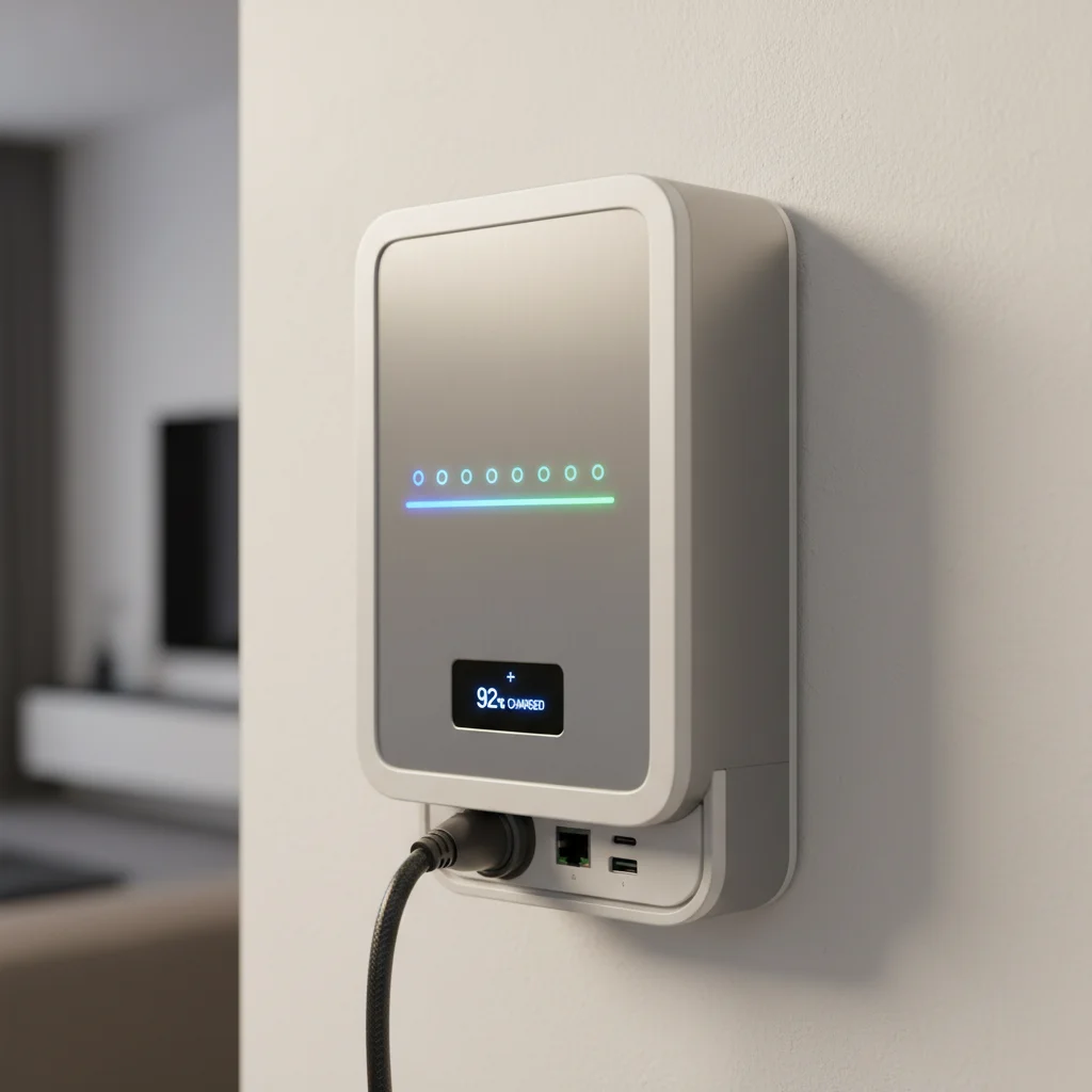 Close-up of a sleek, advanced residential solar battery unit