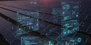 AI-powered commercial solar farm optimizing energy output at sunset.
