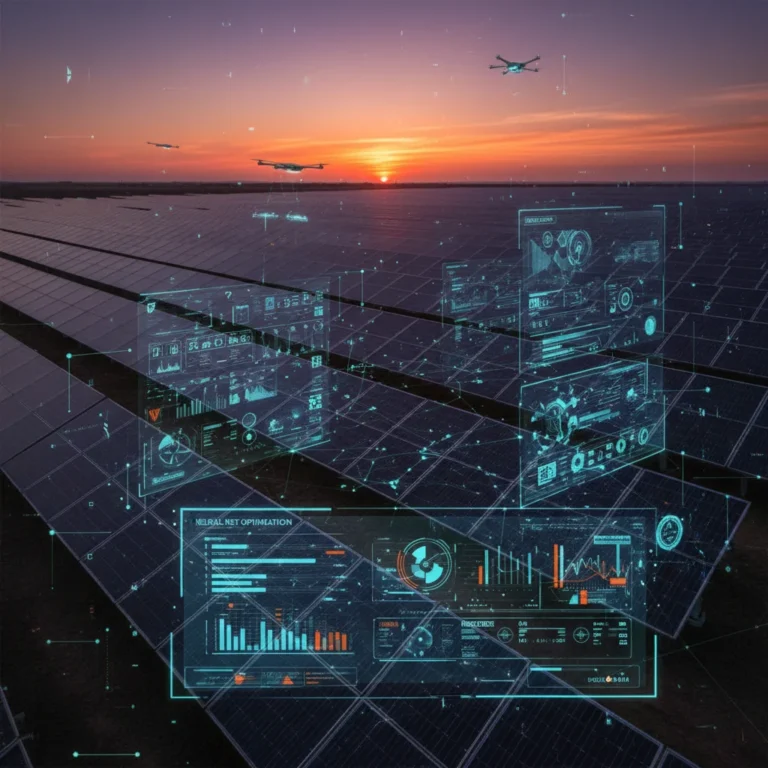 AI-powered commercial solar farm optimizing energy output at sunset.