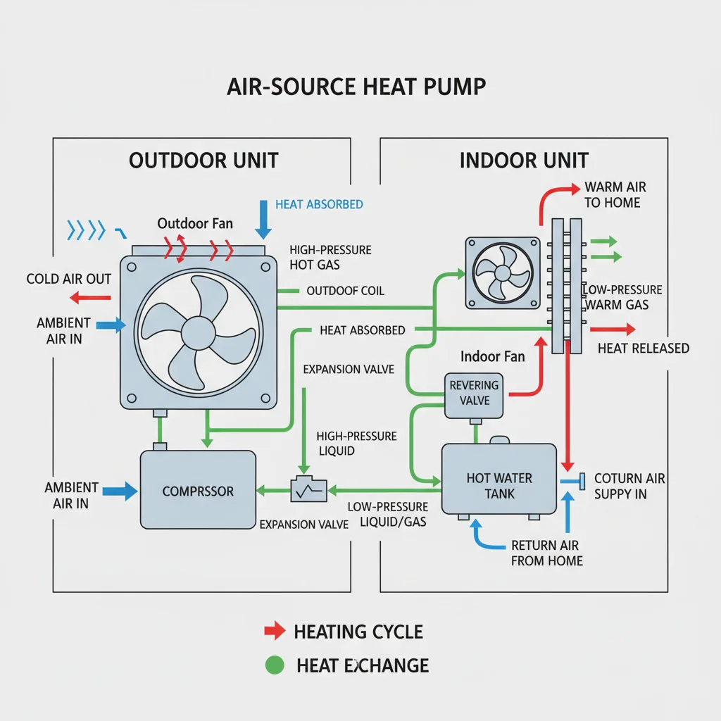 Diagram explaining the working principle of an air-source heat pump, showcasing heat exchange.