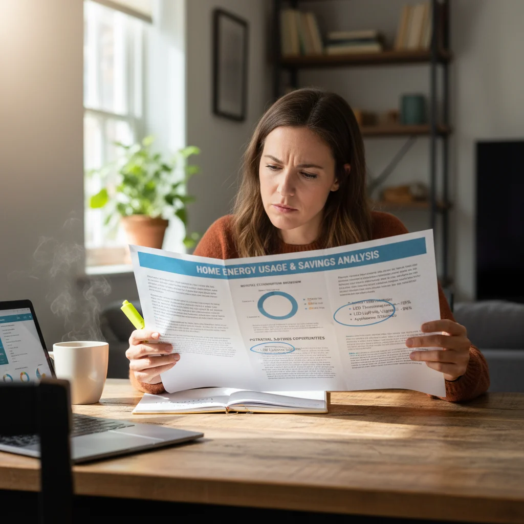 Person analyzing a detailed energy bill to identify consumption patterns and savings opportunities.