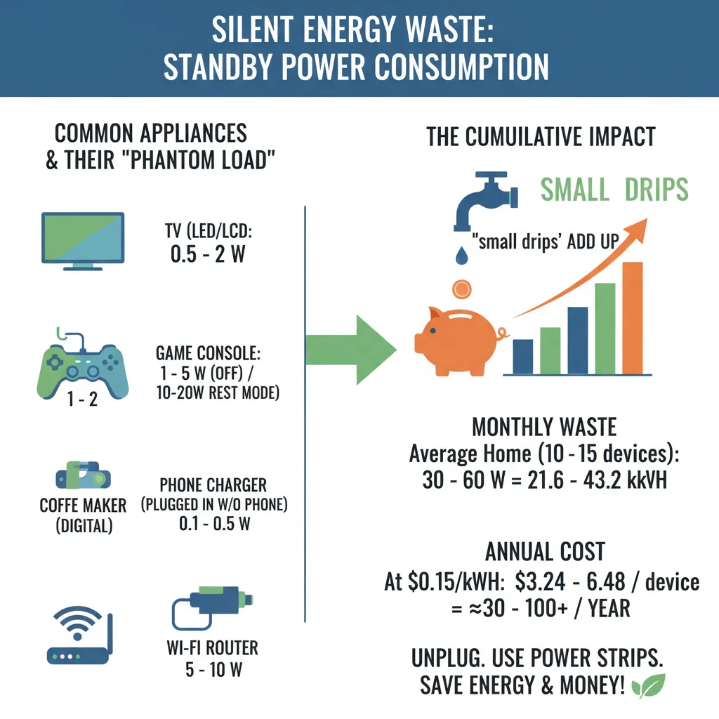 Infographic displaying standby power consumption of common household appliances.