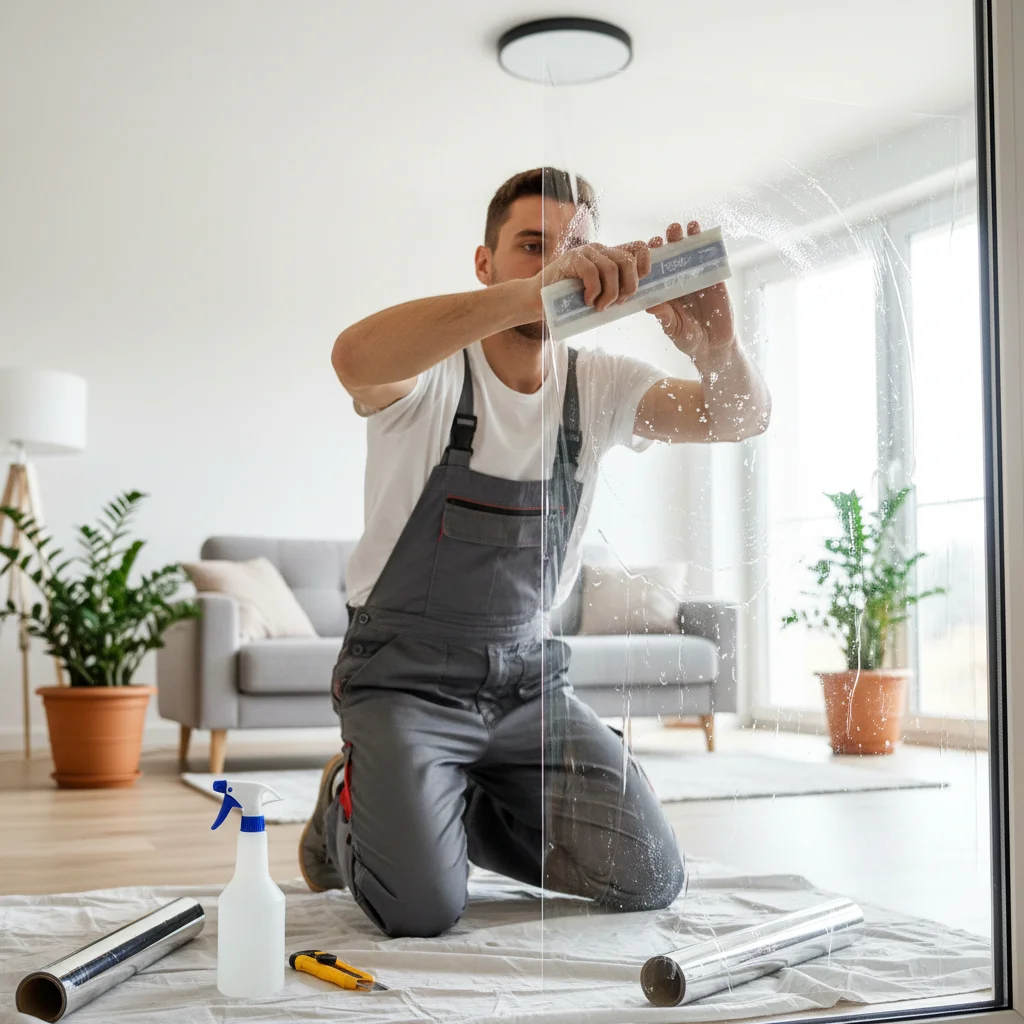Applying reflective window film for improved insulation.