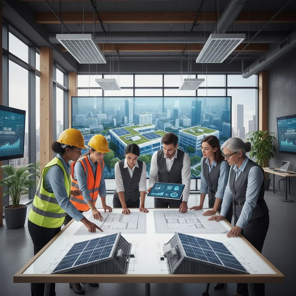 Business team reviewing solar energy plans and financial data in a modern office.