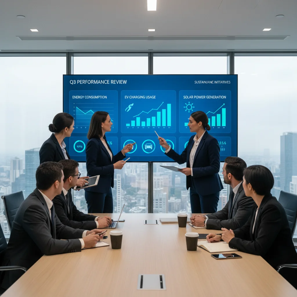 Business executives discussing EV charging and solar integration data