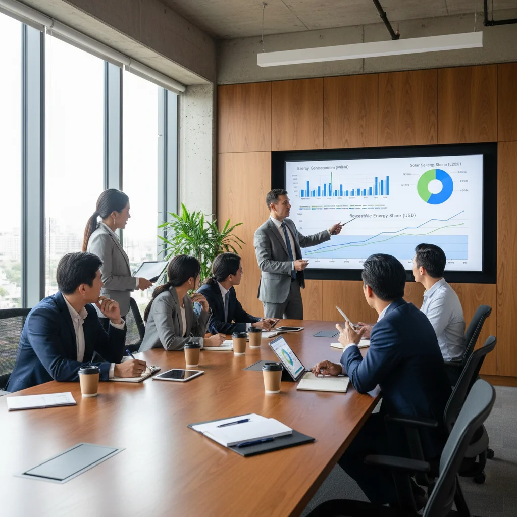 Business team reviewing energy data and solar savings projections in a meeting.