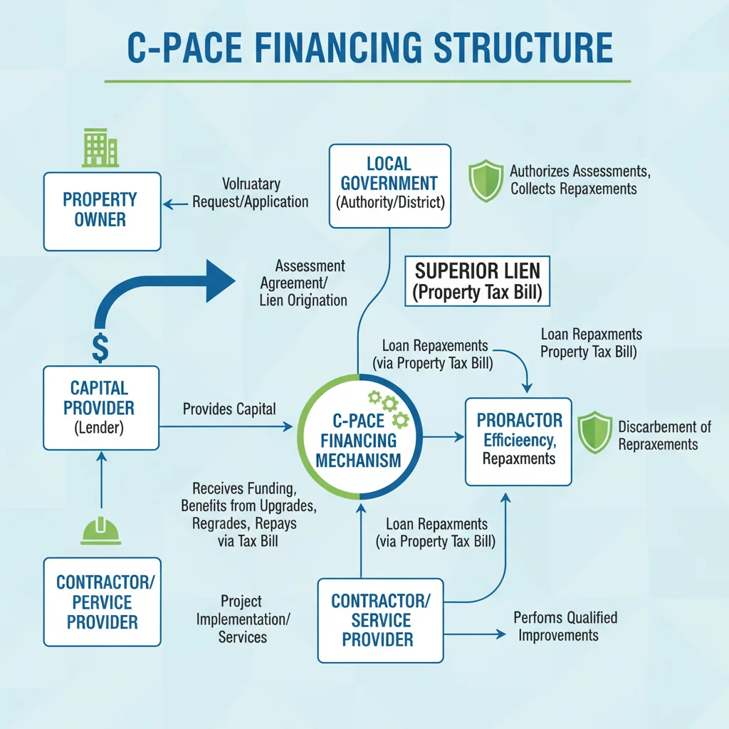 Infographic showing the C-PACE financing structure with property owners, lenders, and government roles.
