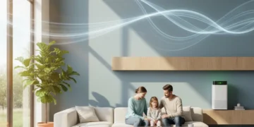 Family enjoying fresh, clean air in a modern, energy-efficient living room.