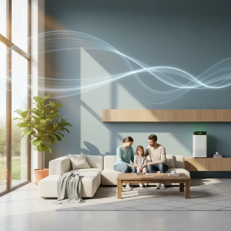 Family enjoying fresh, clean air in a modern, energy-efficient living room.