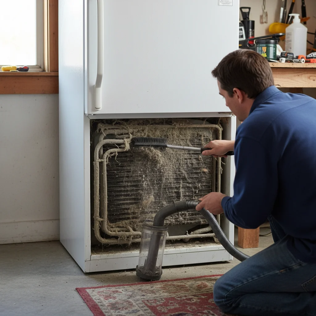 Person cleaning dusty refrigerator condenser coils for better efficiency