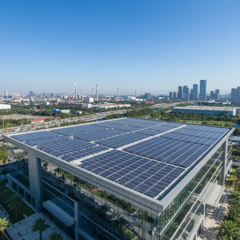 Commercial building with rooftop solar panels under a clear blue sky, symbolizing sustainable energy and commercial solar financing.