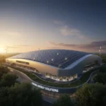 Modern commercial building with rooftop solar panels, symbolizing sustainable business practices and clean energy.