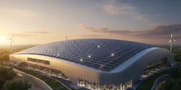 Modern commercial building with rooftop solar panels, symbolizing sustainable business practices and clean energy.