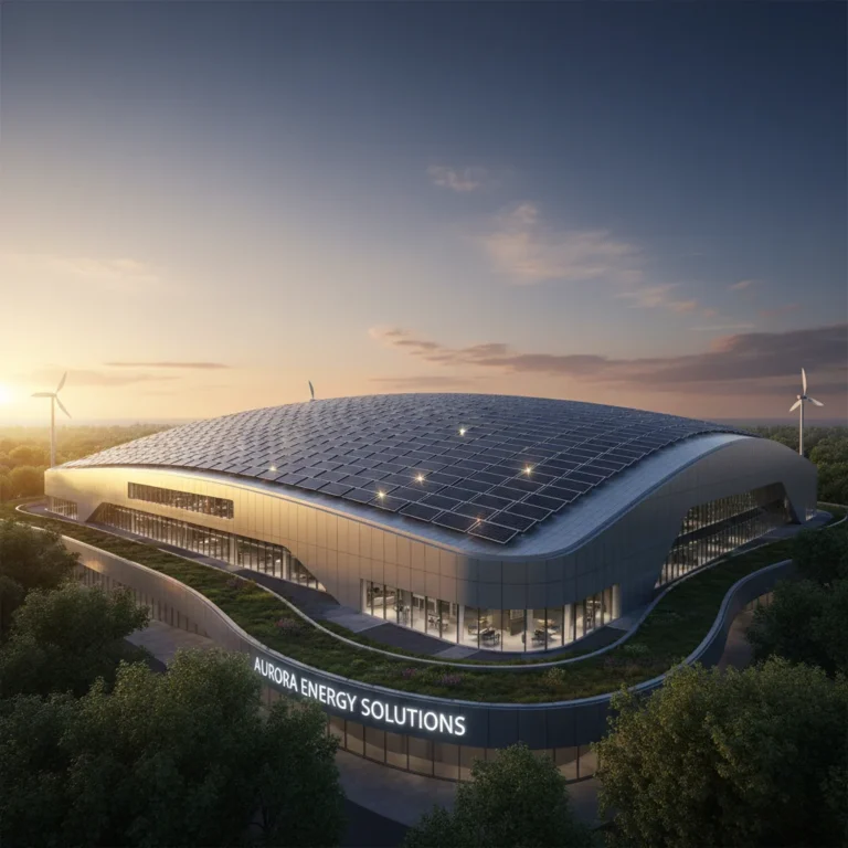 Modern commercial building with rooftop solar panels, symbolizing sustainable business practices and clean energy.