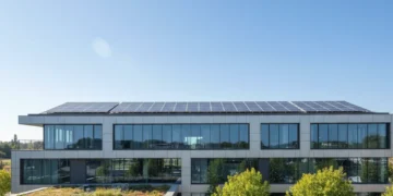 Commercial Solar for Multi-Tenant Properties: 2026 Strategies for Shared Benefits Solar panels on a modern multi-tenant commercial building rooftop against a blue sky.