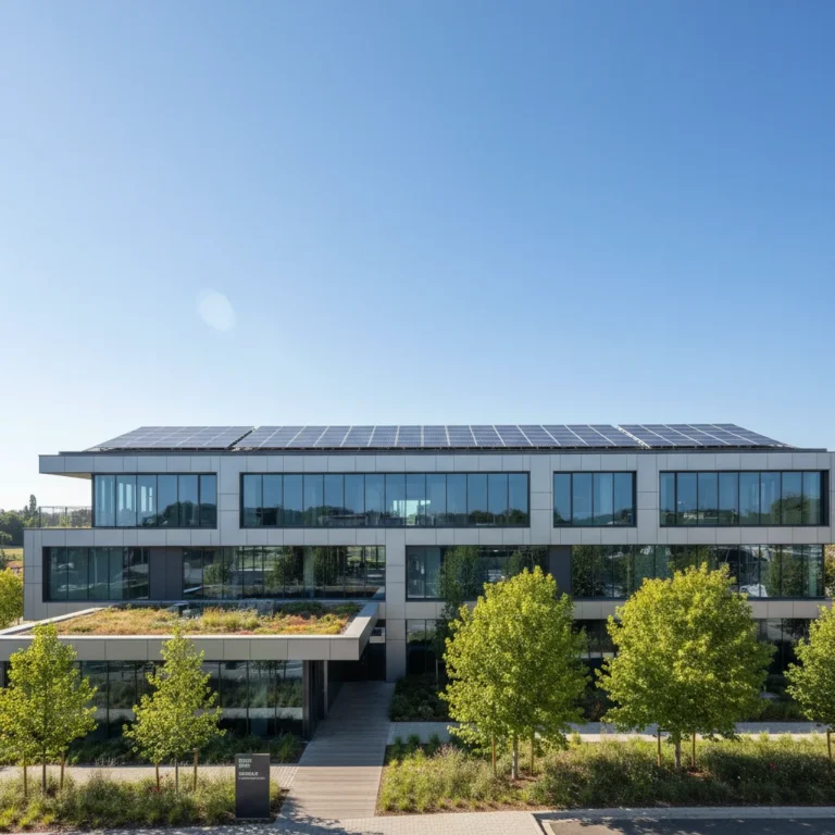 Solar panels on a modern multi-tenant commercial building rooftop against a blue sky.