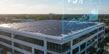 Commercial building rooftop with solar panels under bright sun