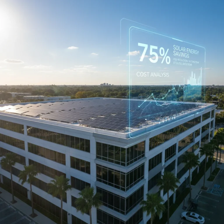 Commercial building rooftop with solar panels under bright sun