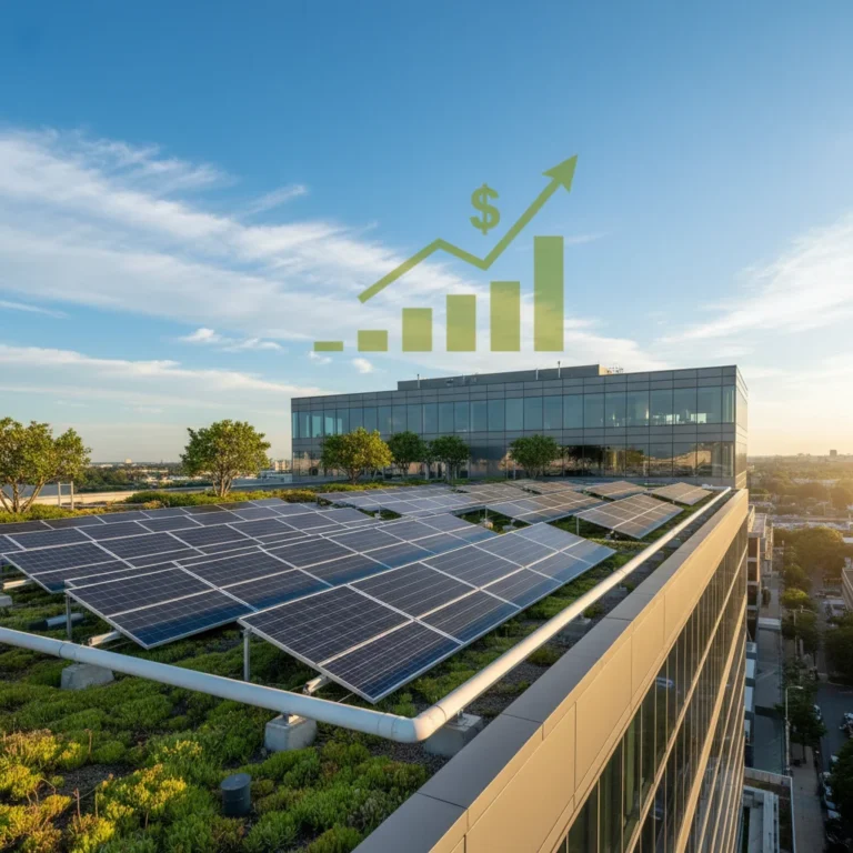 Solar panels on a commercial building roof, symbolizing renewable energy and business savings.