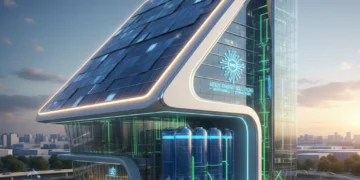 Modern commercial building with rooftop solar panels and an integrated battery storage system for energy independence.