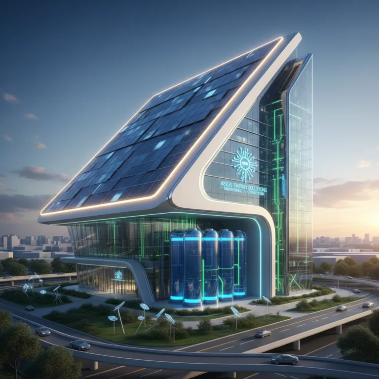 Modern commercial building with rooftop solar panels and an integrated battery storage system for energy independence.