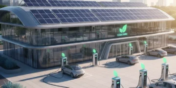EV Charging & Solar Integration: 2026 Blueprint for Businesses Commercial building with solar panels and electric vehicle charging stations
