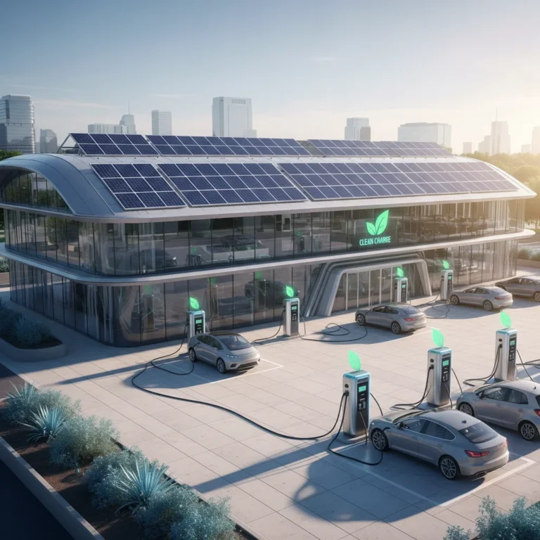 Commercial building with solar panels and electric vehicle charging stations