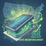Commercial building with solar panels, financial growth chart, and highlighted US map representing solar incentives.