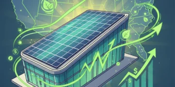 Commercial building with solar panels, financial growth chart, and highlighted US map representing solar incentives.