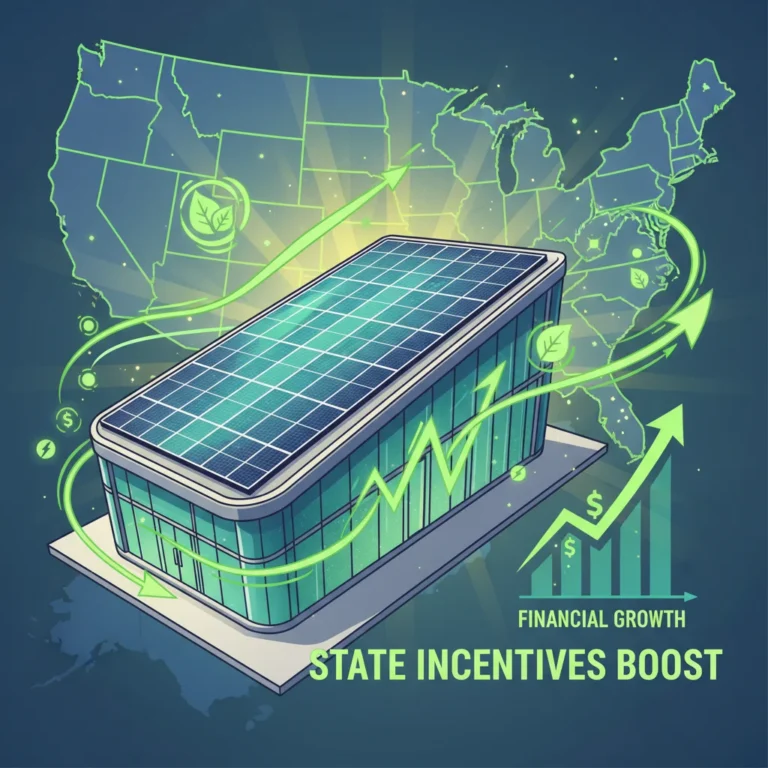 Commercial building with solar panels, financial growth chart, and highlighted US map representing solar incentives.