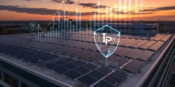 Commercial solar panels on a building rooftop, symbolizing robust insurance for renewable energy investments.