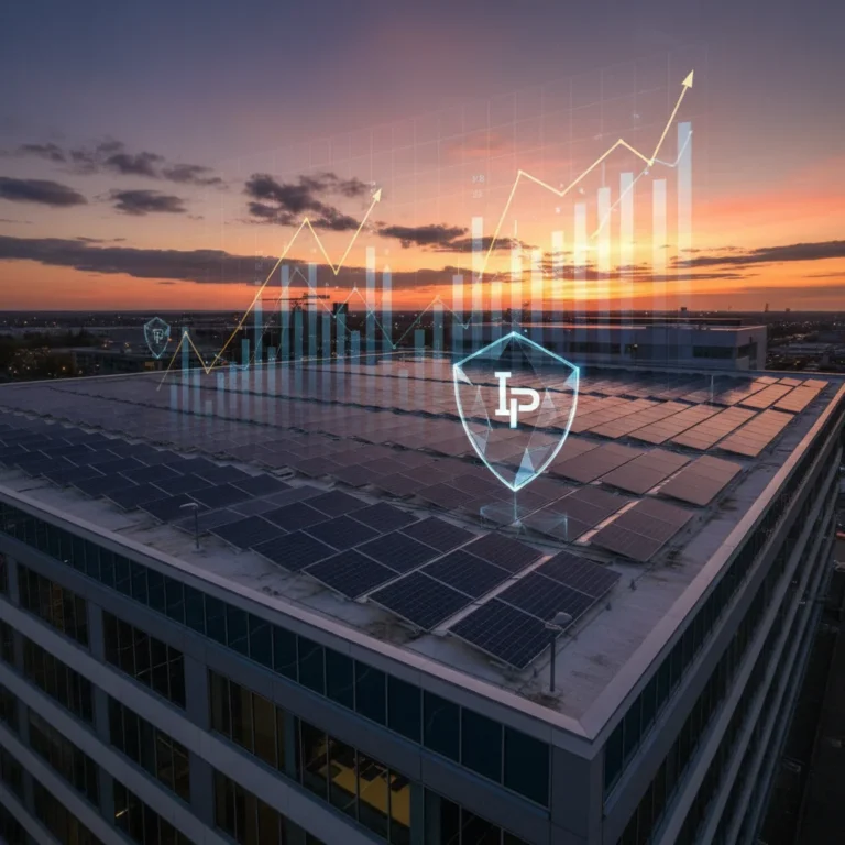 Commercial solar panels on a building rooftop, symbolizing robust insurance for renewable energy investments.