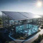 Solar panels on a commercial building roof with a microgrid control center ensuring power