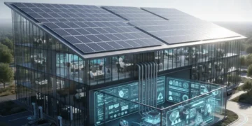 Solar panels on a commercial building roof with a microgrid control center ensuring power