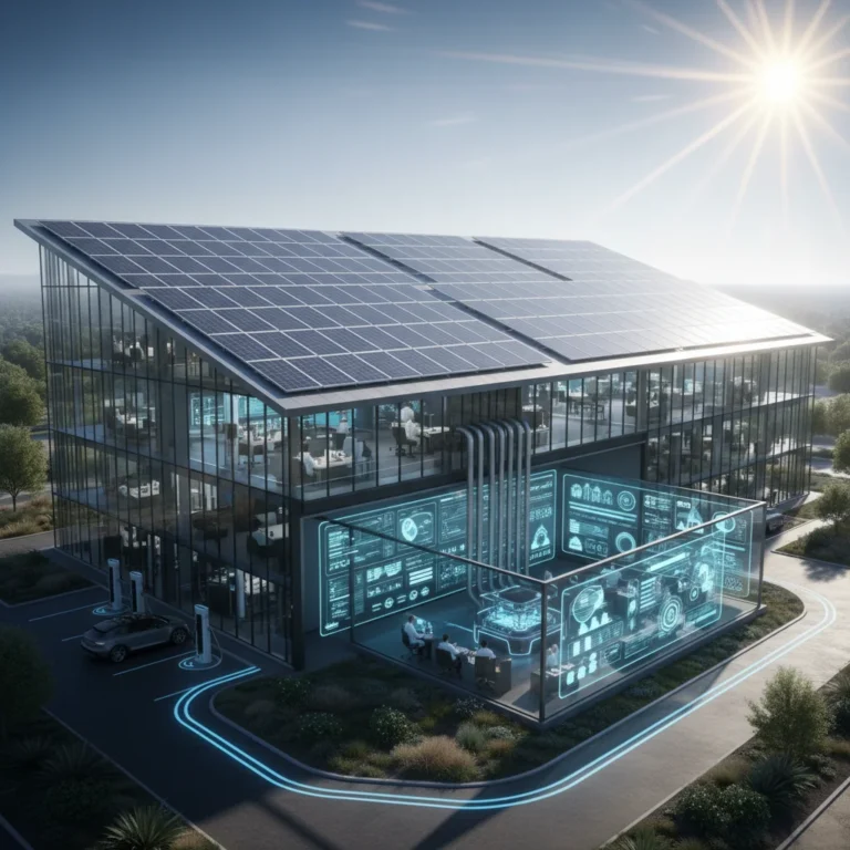 Solar panels on a commercial building roof with a microgrid control center ensuring power