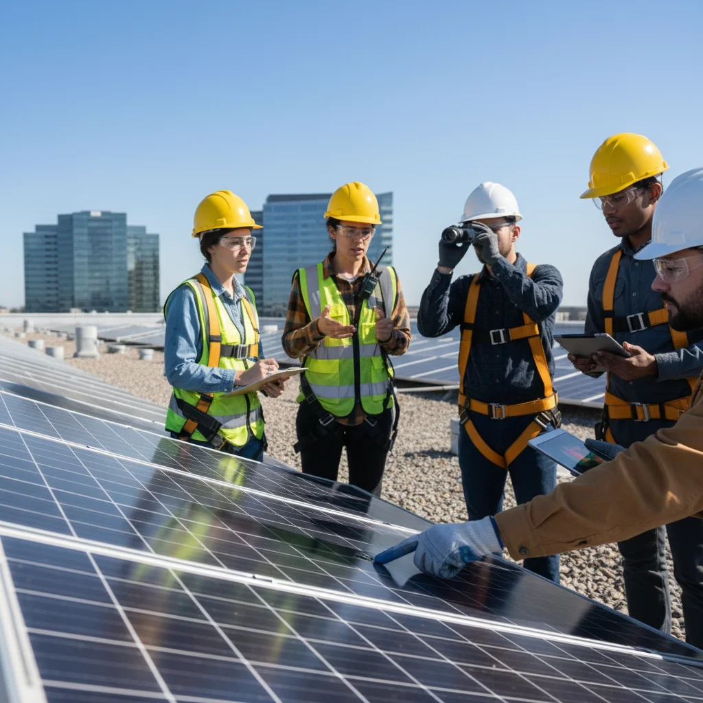 Engineers inspecting commercial solar panel installation on a rooftop, symbolizing quality control.
