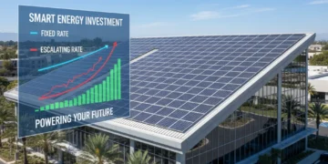 Commercial building with solar panels, financial charts comparing fixed and escalating PPA rates.