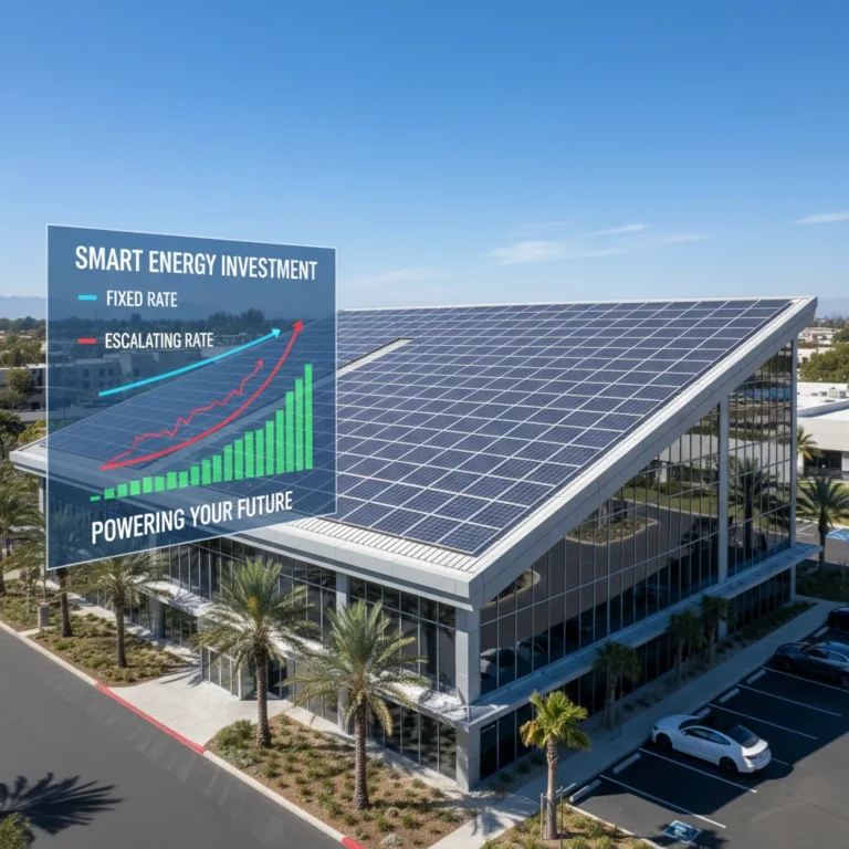 Commercial building with solar panels, financial charts comparing fixed and escalating PPA rates.