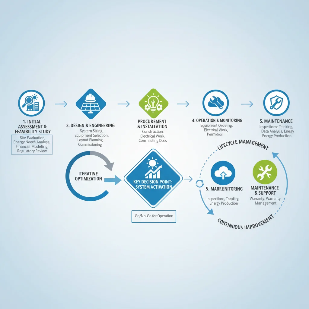 Infographic showing the lifecycle of a commercial solar project, from assessment to operation.
