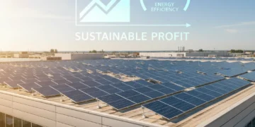Solar panels on a commercial building rooftop under bright sun, symbolizing profitable renewable energy investment.