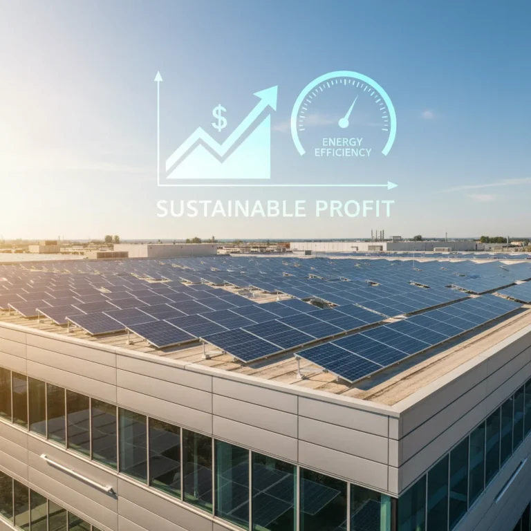 Solar panels on a commercial building rooftop under bright sun, symbolizing profitable renewable energy investment.