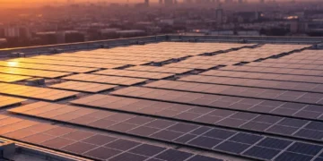 Boosting Commercial Solar: 25% Higher Output by 2026 High-efficiency commercial solar panels on a rooftop at sunset