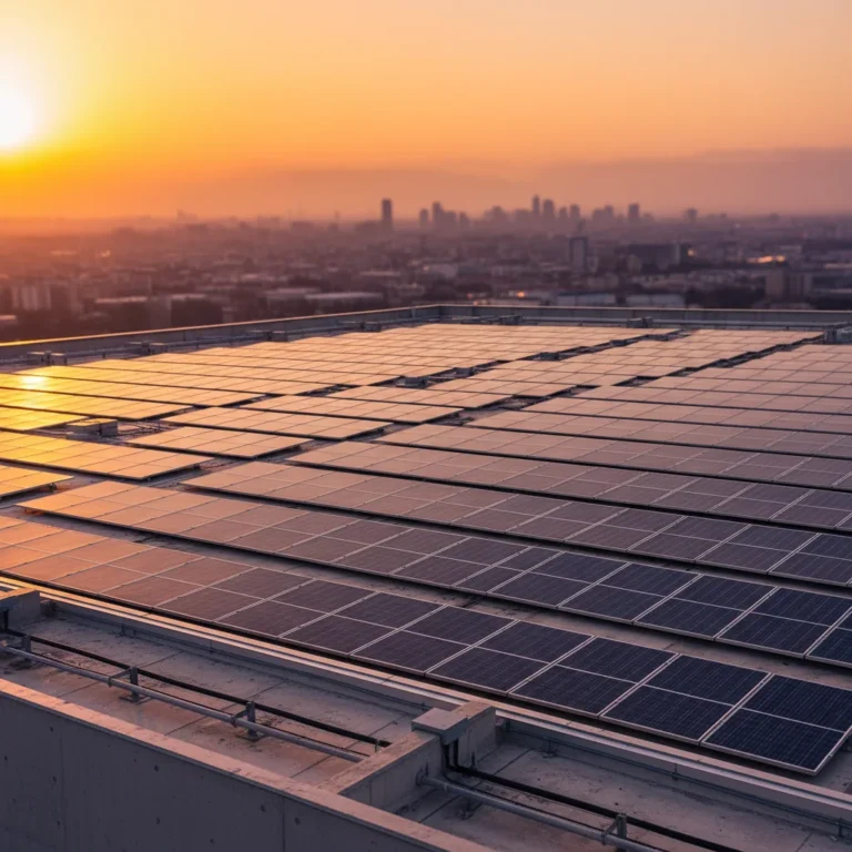 High-efficiency commercial solar panels on a rooftop at sunset