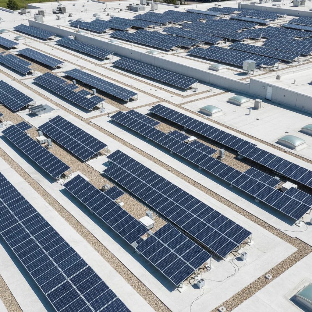 Aerial view of diverse commercial rooftop solar array with optimized spacing