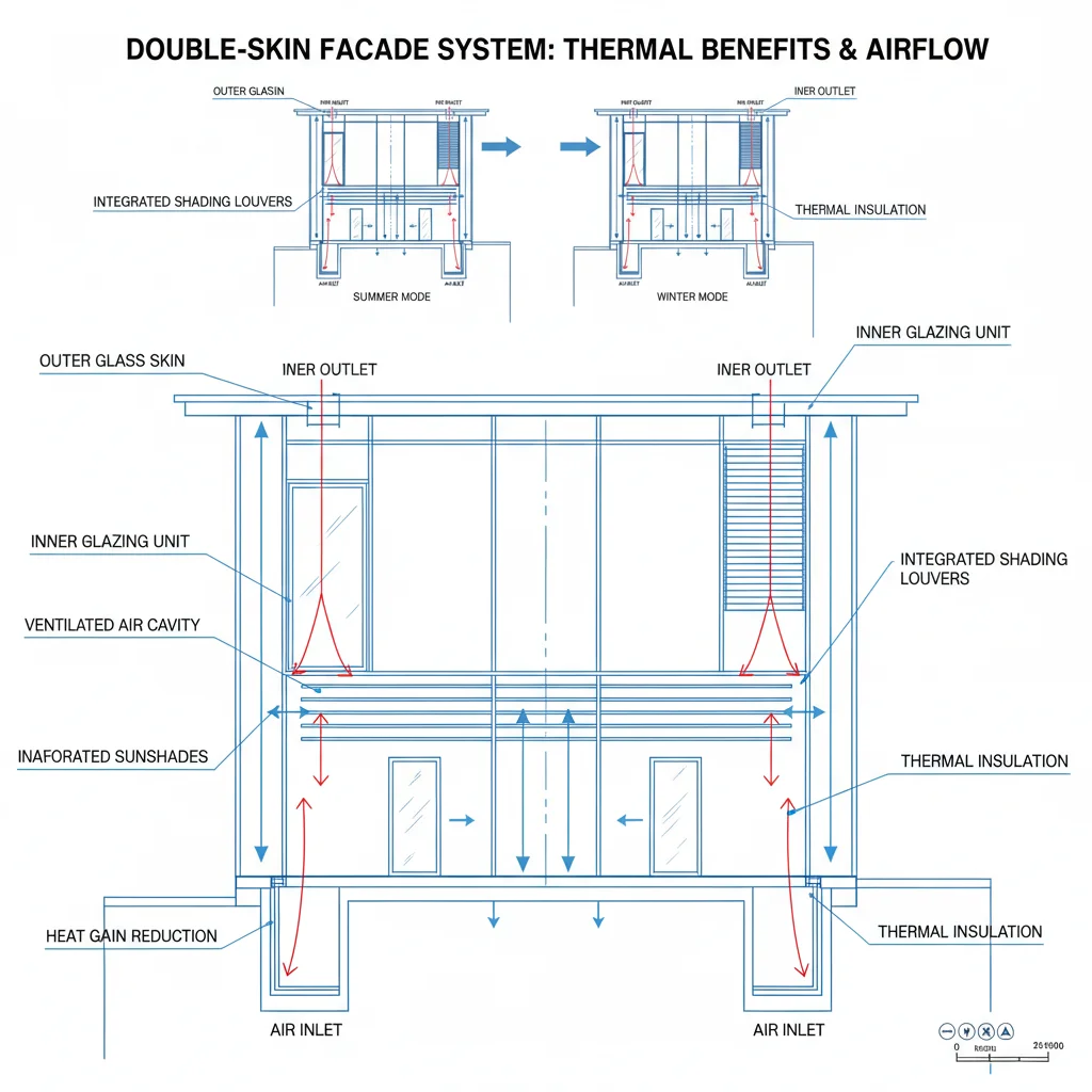 Diagram of a double-skin facade system with air circulation