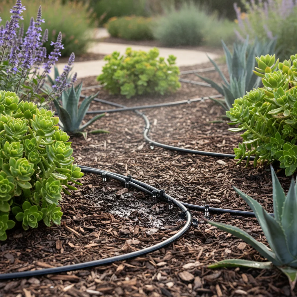 Drip irrigation system watering drought-tolerant plants with mulch.