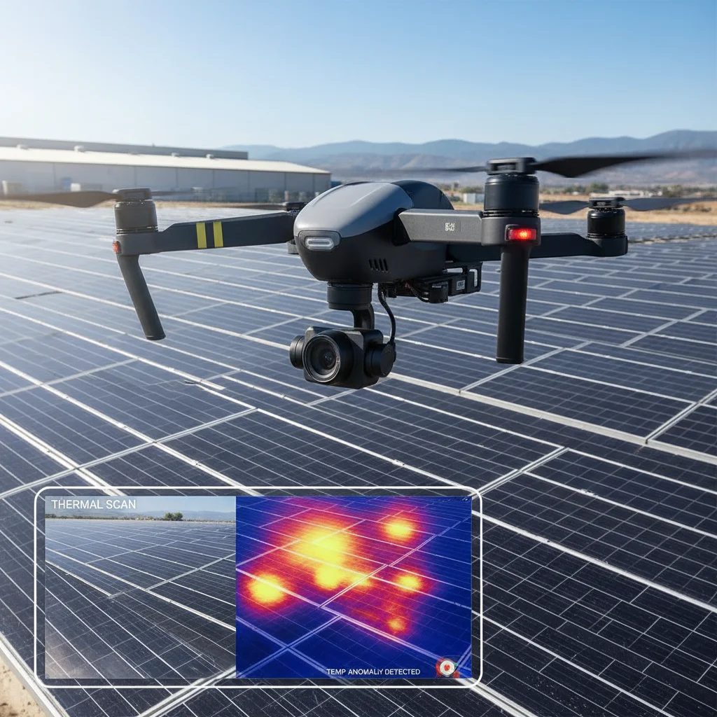 Drone performing thermal inspection of commercial solar panels.