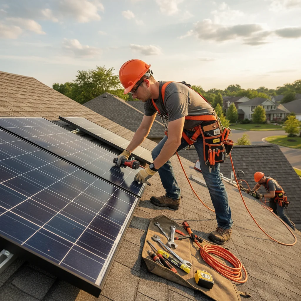 Electrician installing solar panel on residential rooftop with safety gear